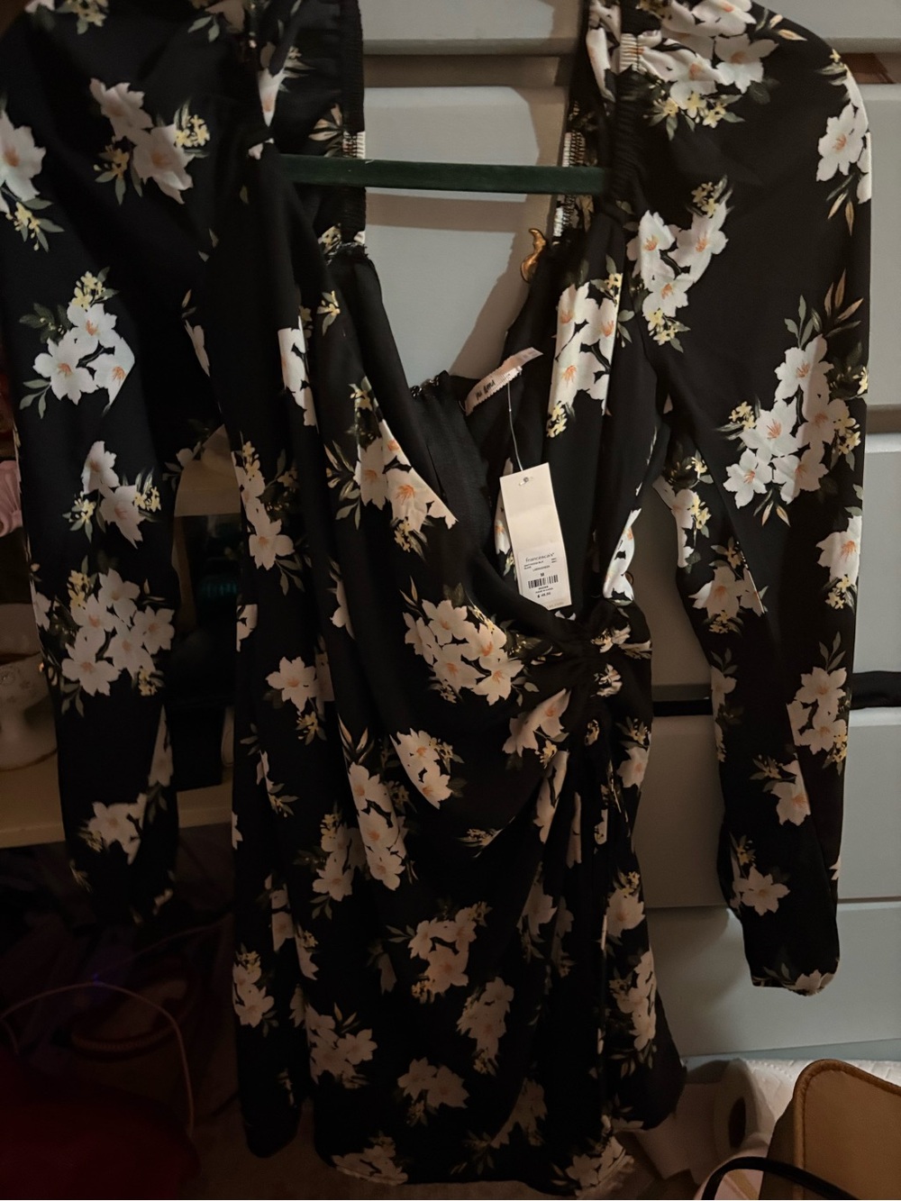 Francesca's Collections Black Floral Wrap Mini Dress